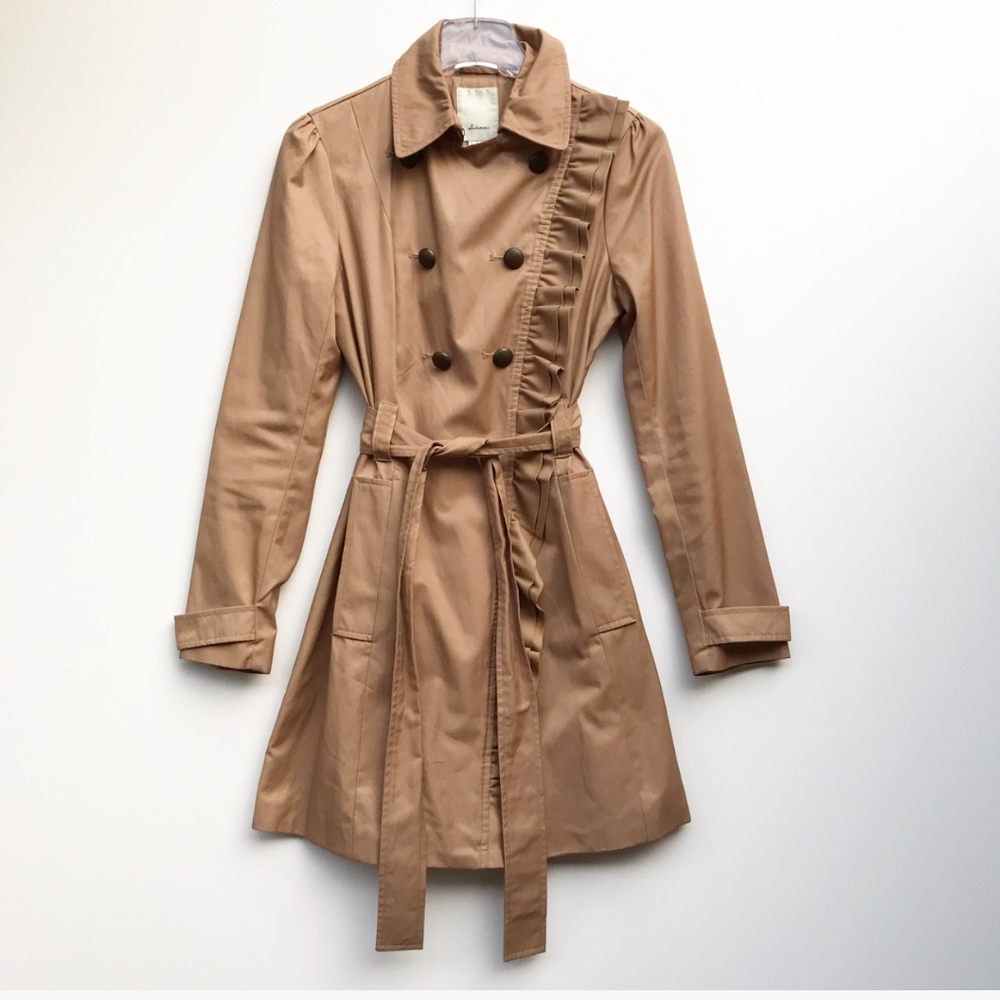 Anthropologie Elevenses Ruffle Trench Coat Tan 2